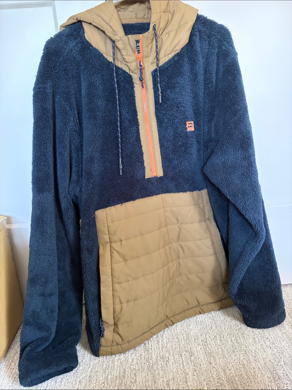 Mens Navy Blue and Tan Hooded Fleece Pullover Jacket